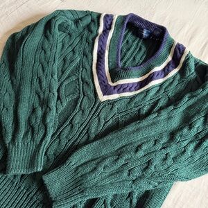 Green Cable Knit V-Neck Sweater